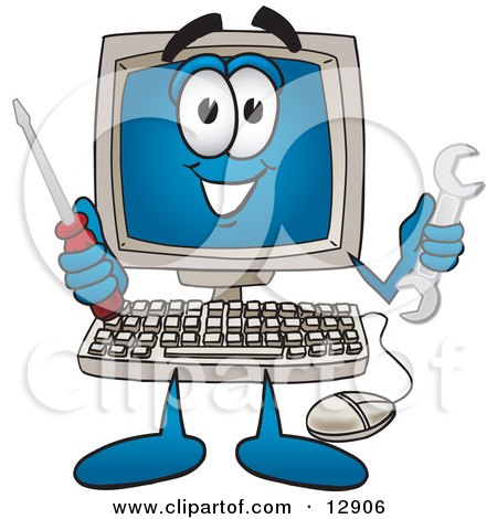 Clipart Picture of a Desktop Computer Mascot Cartoon Character Holding a Wrench and Screwdriver by Toons4Biz