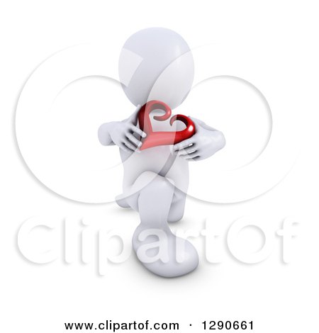 Clipart of a 3d White Man Kneeling and Holding a Red Valentines Day Love Heart - Royalty Free Illustration by KJ Pargeter