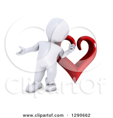 Clipart of a 3d White Man Presenting in Front of a Giant Red Valentines Day Love Heart - Royalty Free Illustration by KJ Pargeter