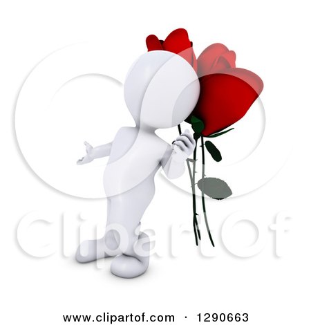 Clipart of a 3d White Man Gesturing to Giant Red Valentines Day Roses - Royalty Free Illustration by KJ Pargeter