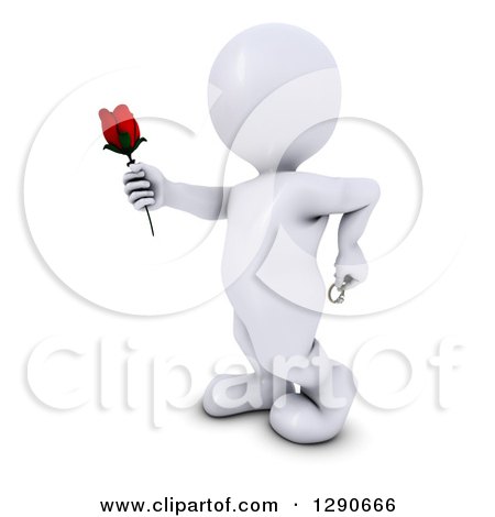 Clipart of a 3d White Man Holding out a Red Valentines Day Rose, with a Ring Behind His Back - Royalty Free Illustration by KJ Pargeter