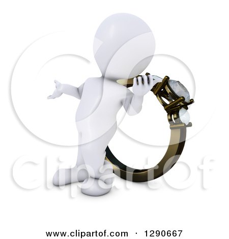 Clipart of a 3d White Man Presenting and Standing in Front of a Giant Engagement Ring - Royalty Free Illustration by KJ Pargeter