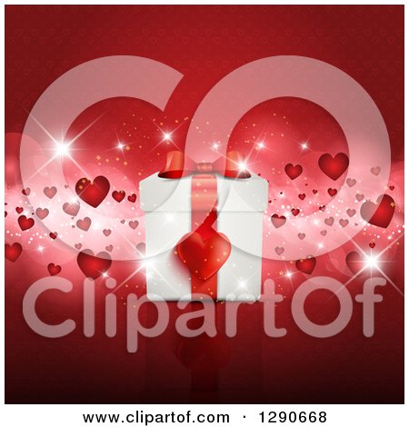 Clipart of a 3d Anniversary or Valentines Day Gift Box over Red Flares and Hearts - Royalty Free Vector Illustration by KJ Pargeter