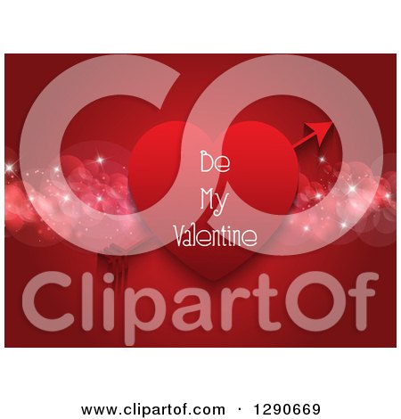 Clipart of Cupids Arrow Through Be My Valentine Heart and Bokeh on Red - Royalty Free Vector Illustration by KJ Pargeter