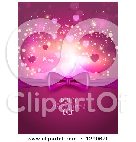 Clipart of a Gift Bow over Happy Valentines Day Text with Bokeh Flares and Stars - Royalty Free Vector Illustration by KJ Pargeter