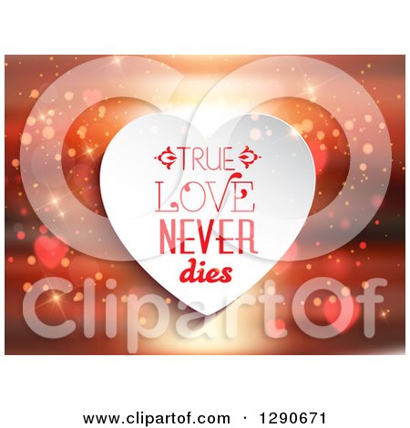 Clipart of a True Love Never Dies White Heart over a Blurred Sunset with Hearts and Sparkles - Royalty Free Vector Illustration by KJ Pargeter