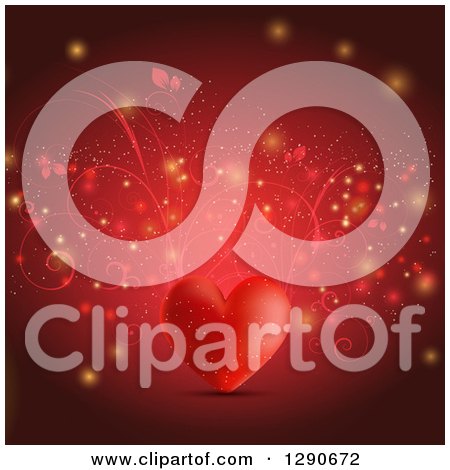 Clipart of a Red Valentines Day Background of a 3d Heart with Floral Vines and Flares - Royalty Free Vector Illustration by KJ Pargeter
