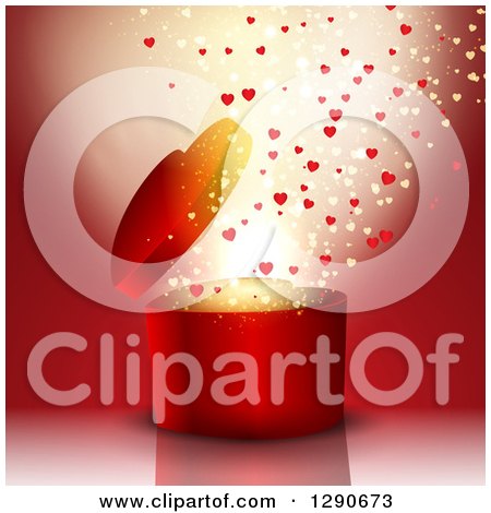 Clipart of a 3d Red Heart Shaped Valentines Day or Anniversary Gift Box with Magic Lights and Hearts - Royalty Free Vector Illustration by KJ Pargeter