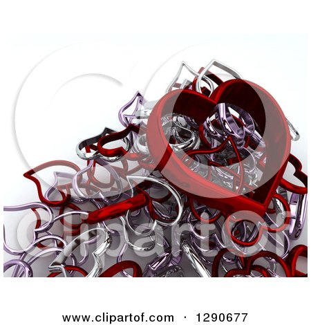 Clipart of a Pile of 3d Red and Silver Metal Heart Charms over White - Royalty Free Illustration by KJ Pargeter