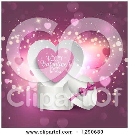 Clipart of a 3d White Heart Shaped Gift Box with Happy Valentines Day Text over Purple with Hearts and Sparkles - Royalty Free Vector Illustration by KJ Pargeter