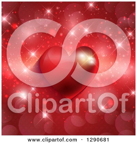 Clipart of a Red Valentines Day Background of a 3d Heart with Sparkles and Flares - Royalty Free Vector Illustration by KJ Pargeter