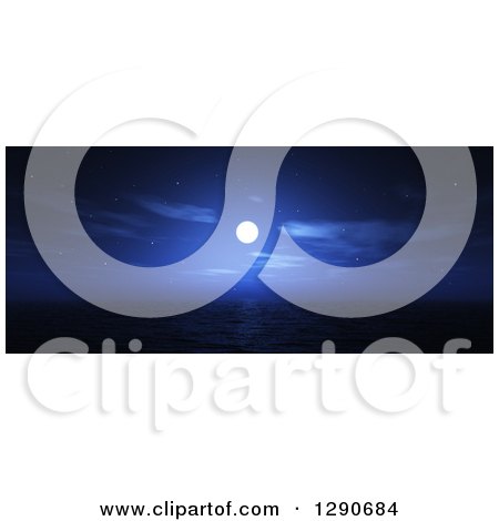 Clipart of a 3d Ocean Landscape and Full Moon in Widescreen View at Night - Royalty Free Illustration by KJ Pargeter