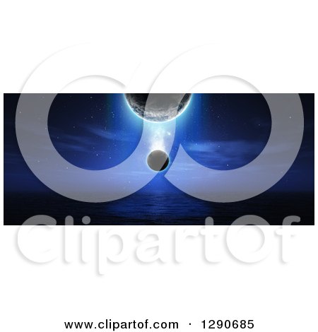 Clipart of a 3d Widescreen Foreign Ocean with Planets - Royalty Free Illustration by KJ Pargeter