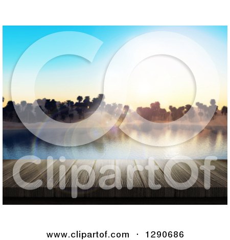 Clipart of a 3d Close up of a Dock or Deck with a View of Flares and a Bay with Palm Trees - Royalty Free Illustration by KJ Pargeter
