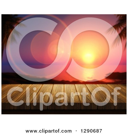Clipart of a 3d Close up of a Wooden Table or Deck with a View of Flares and a Tropical Ocean Sunset - Royalty Free Illustration by KJ Pargeter