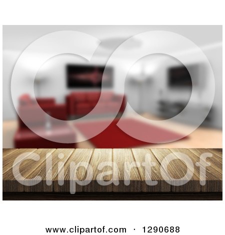 Clipart of a 3d Close up of a Wooden Table and a Blurred Modern Living Room - Royalty Free Illustration by KJ Pargeter