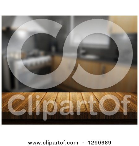 Clipart of a 3d Close up of a Wooden Table or Counter over a Blurred Modern Kitchen - Royalty Free Illustration by KJ Pargeter