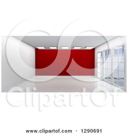 Clipart of a 3d Empty Room Interior with Floor to Ceiling Windows and a Red Feature Wall - Royalty Free Illustration by KJ Pargeter