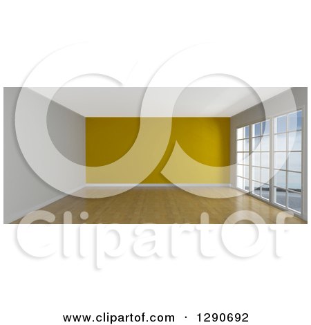 Clipart of a 3d Empty Room Interior with Floor to Ceiling Windows and a Yellow Wall - Royalty Free Illustration by KJ Pargeter