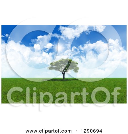 Clipart of a 3d Grassy Prairie with a Lone Tree and Sunshine - Royalty Free Illustration by KJ Pargeter