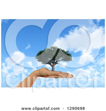 Clipart of a 3d Female Hand Holding a Tree over a Blue Sky with Clouds - Royalty Free Illustration by KJ Pargeter