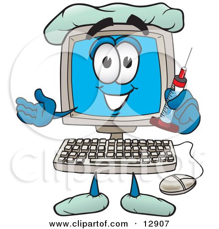Clipart Picture of a Desktop Computer Mascot Cartoon Character Holding a Syringe by Mascot Junction