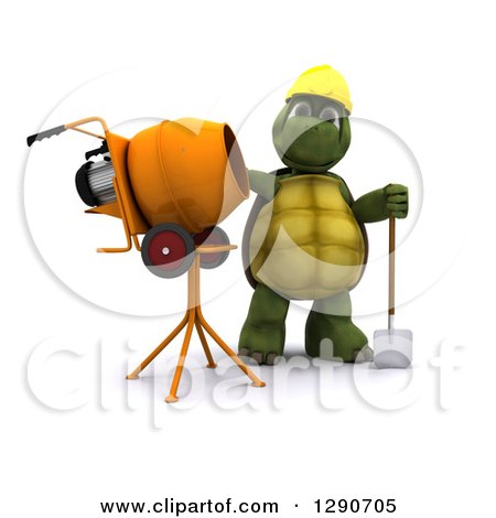 Clipart of a 3d Tortoise Construction Worker Standing by a Cement Mixer - Royalty Free Illustration by KJ Pargeter