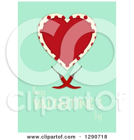 Clipart of a Love Heart over Polka Dots, Red Hot Chili Peppers, on Turquoise with Happy Valentines Day Text - Royalty Free Vector Illustration by elaineitalia