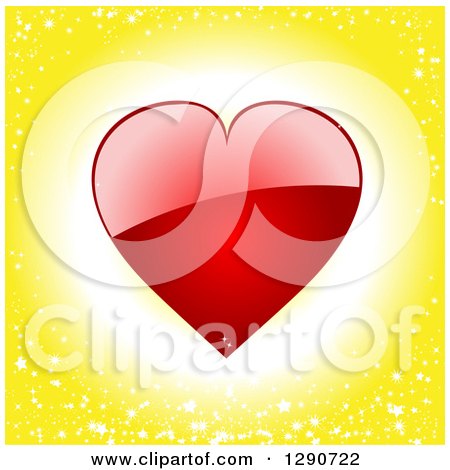 Clipart of a Shiny Red Valentine Love Heart over a Glowing Starry Yellow Background - Royalty Free Vector Illustration by elaineitalia