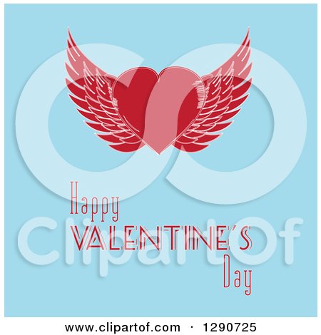 Clipart of a Retro Red Winged Love Heart over Happy Valentines Day Text on Blue - Royalty Free Vector Illustration by elaineitalia