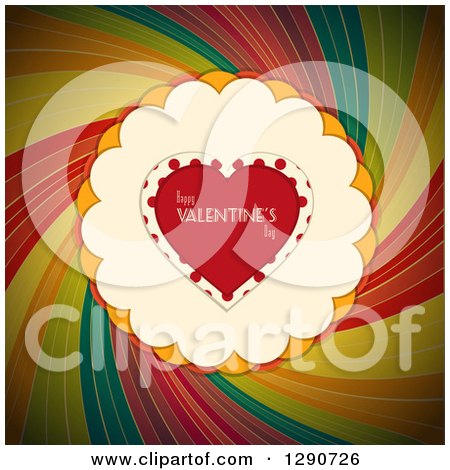 Clipart of a Red Love Heart with Happy Valentines Day Text, Polka Dots, Scallops over a Dark Rainbow Swirl - Royalty Free Vector Illustration by elaineitalia