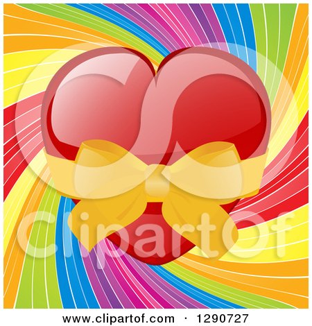 Clipart of a Shiny Red Valentine Love Heart Wrapped Ina Yellow Bow over a Rainbow Swirl - Royalty Free Vector Illustration by elaineitalia