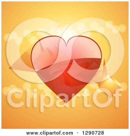 Clipart of a 3d Reflective Red Valentine Love Heart with Floating Cubes Flares and Pyramids over Orange - Royalty Free Vector Illustration by elaineitalia