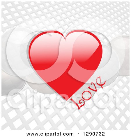 Clipart of 3d Reflective Red and White Valentine Hearts with LOVE Text over a Gray and White Grid Background - Royalty Free Vector Illustration by elaineitalia