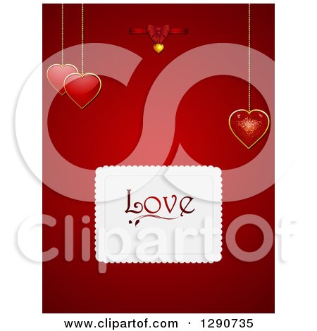 Clipart of a Valentines Day Background of Suspended Heart Pendants on Red with a Love Box - Royalty Free Vector Illustration by elaineitalia