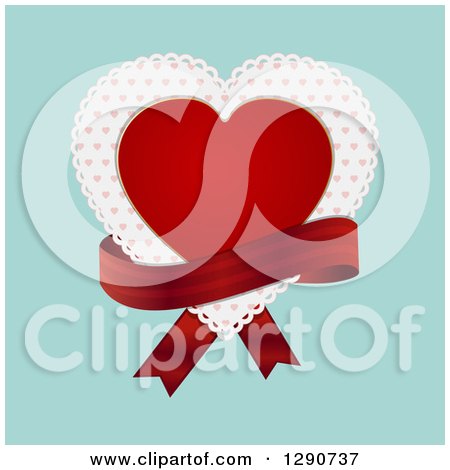 Clipart of a Red Valentine Love Heart over a Patterned Doily with a Red Ribbon over Turquoise - Royalty Free Vector Illustration by elaineitalia