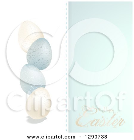Clipart of a White and Blue Background of 3d Stacked Easter Eggs, Text and Copyspace - Royalty Free Vector Illustration by elaineitalia