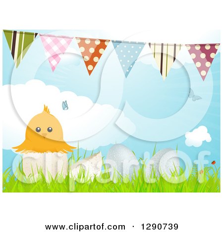 Clipart of a Yellow Chick in an Egg Shell with 3d Eggs in Grass, Birds, Clouds and Bunting Flags - Royalty Free Vector Illustration by elaineitalia
