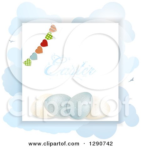 Clipart of a Easter Text over 3d Eggs with a Heart Bunting on White Paper over Clouds and Birds - Royalty Free Vector Illustration by elaineitalia