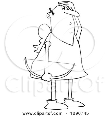 Clipart of a Black and White Cupid Holding a Bow and Looking up to Watch His Arrow - Royalty Free Vector Illustration by djart