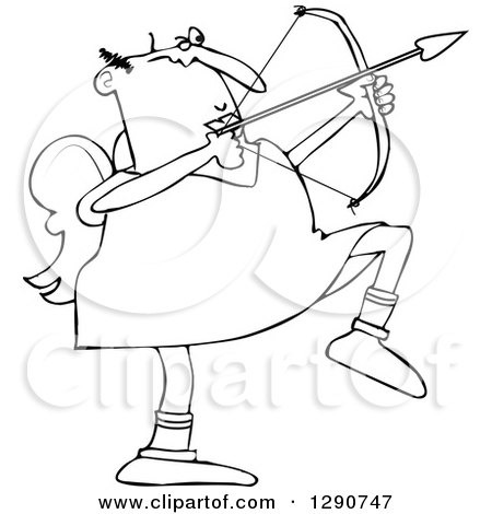 Clipart of a Chubby Black and White Cupid Aiming an Arrow - Royalty Free Vector Illustration by djart