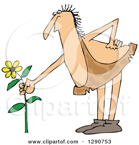 Clipart of a Chubby Male Caveman Picking a Yellow Daisy Flower - Royalty Free Vector Illustration by djart