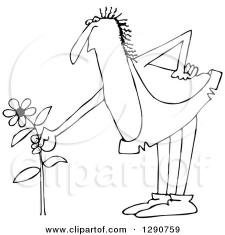 Clipart of a Black and White Chubby Male Caveman Picking a ...