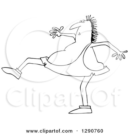 Clipart of a Black and White Walking Caveman Taking High Steps