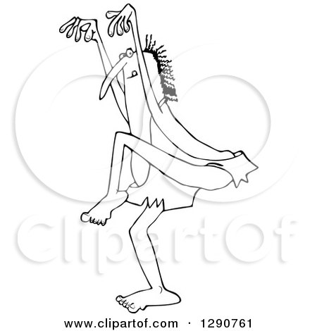 Clipart of a Black and White Caveman in a Karate Crane Stance - Royalty Free Vector Illustration by djart