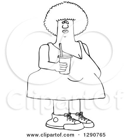Clipart of a Chubby Outlined Black Woman Holding a Fountain Soda - Royalty Free Vector Illustration by djart