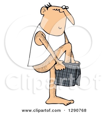 Clipart of a Bald White Man Putting on Plaid Boxers - Royalty Free Illustration by djart
