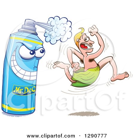 Clipart of a Blond Caucasian Man Running Away Scared from an Aggressive Bottle of Spray Deodorant - Royalty Free Vector Illustration by Zooco