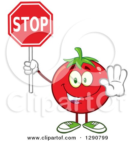 Clipart of a Happy Tomato Character Gesturing and Holding a Stop Sign - Royalty Free Vector Illustration by Hit Toon