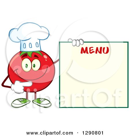 Clipart of a Happy Tomato Chef Character Pointing to a Blank Menu - Royalty Free Vector Illustration by Hit Toon